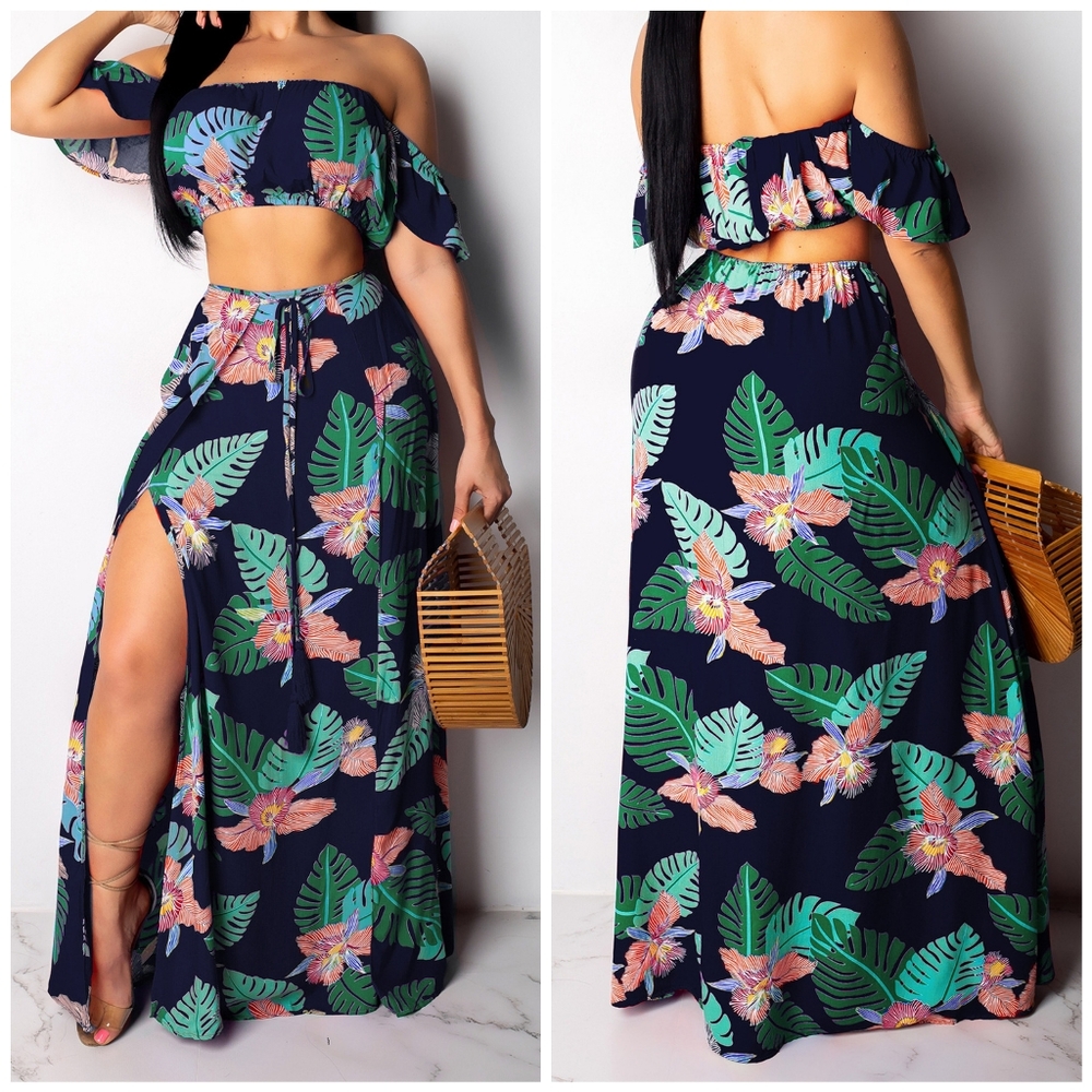Tropical Off-Shoulder Maxi Set - Navy and Green